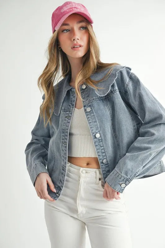 MABLE Scallop Peter Pan Collar Denim Jacket - SwagglyLife Home & Fashion